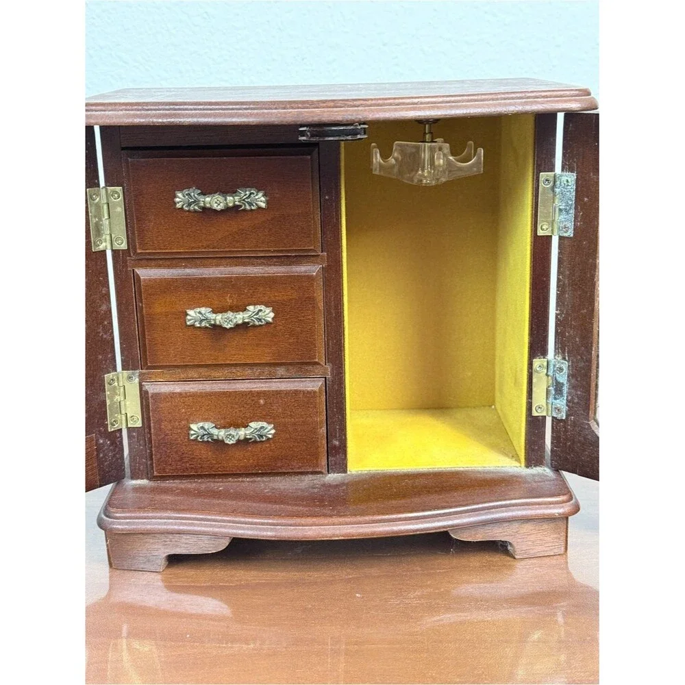 Vintage 3 Drawer Wooden Glass Doors Musical Jewelry Box, It’s a Small World